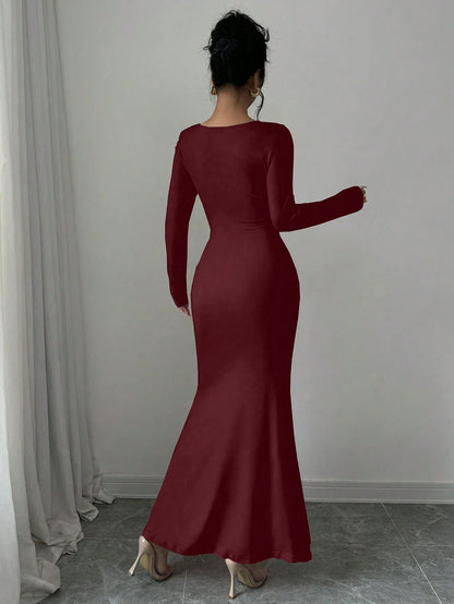 Women's Four Seasons New Style Women's Elegant Temperament Retro Solid Color Square Collar Long Sleeve Dress