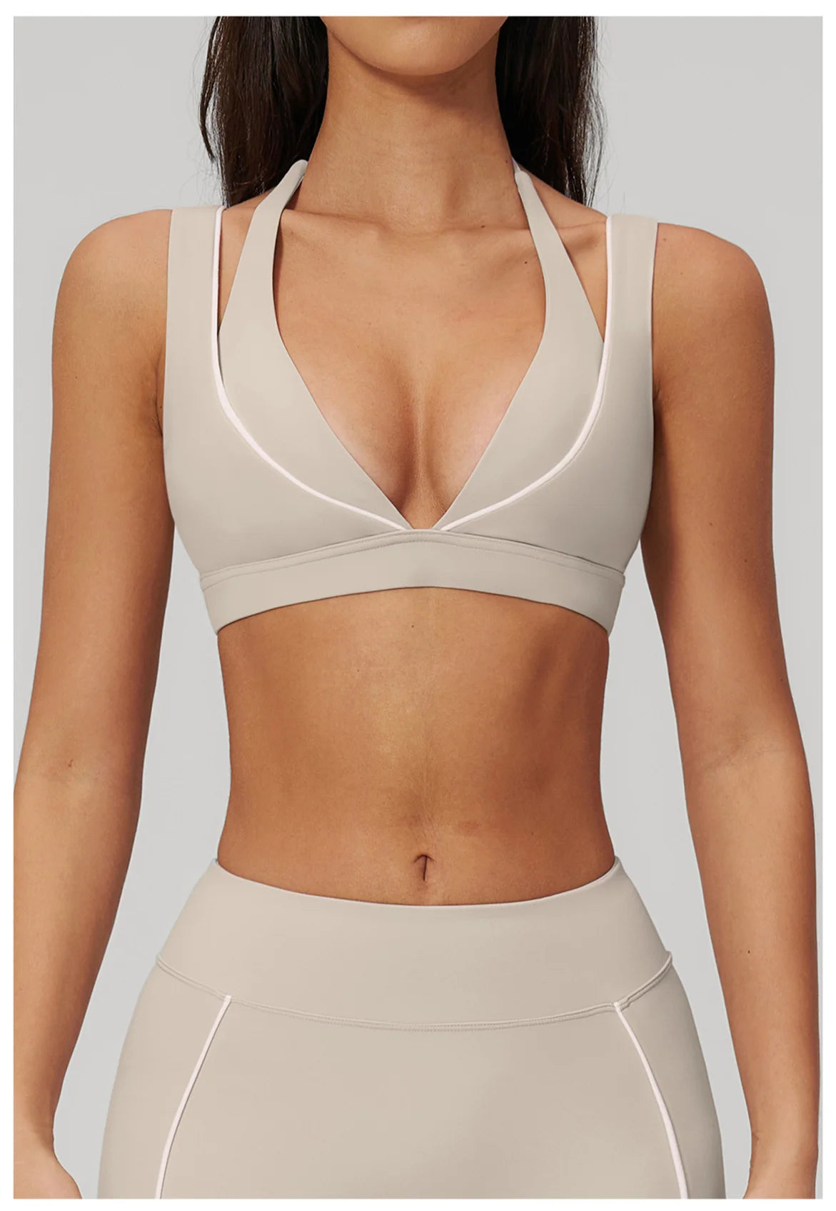 Women Deep V Neck Sports Bra Wide Strap Open V Back Contrast Piping Padded Push Up Gym Workout Top Yoga Bras Activewear Summer