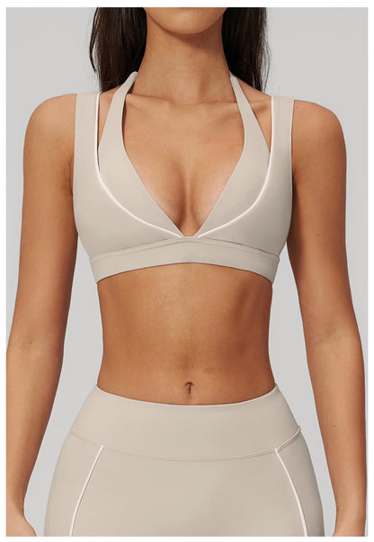 Women Deep V Neck Sports Bra Wide Strap Open V Back Contrast Piping Padded Push Up Gym Workout Top Yoga Bras Activewear Summer