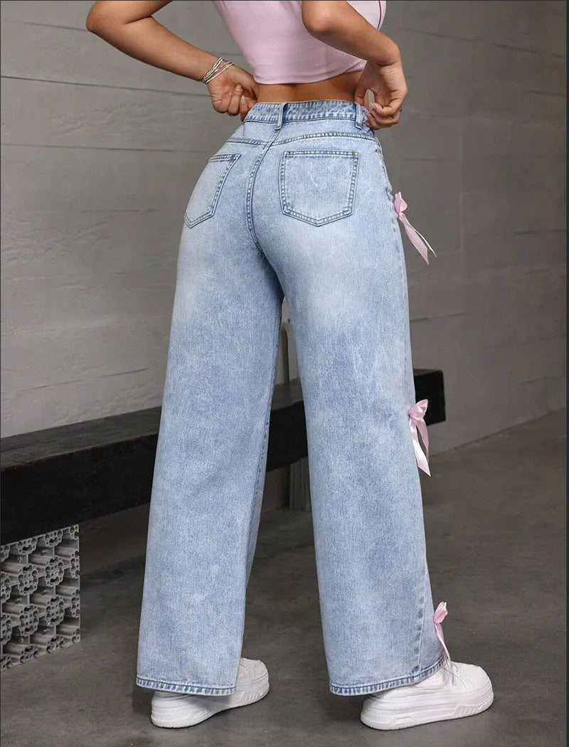 Luxury Women's Jeans Street Chic Street Style Bowknot Design Washed Denim Pants Loose Straight Wide Leg Pants For Y2kk