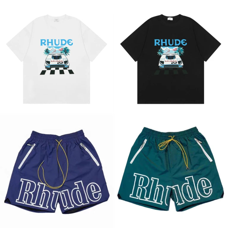 Latest Style RHUDE Men's  Casual Shorts Hip Hop Elastic Waist Drawstring Zip Pocket Summer Street Leisure Beach Shorts