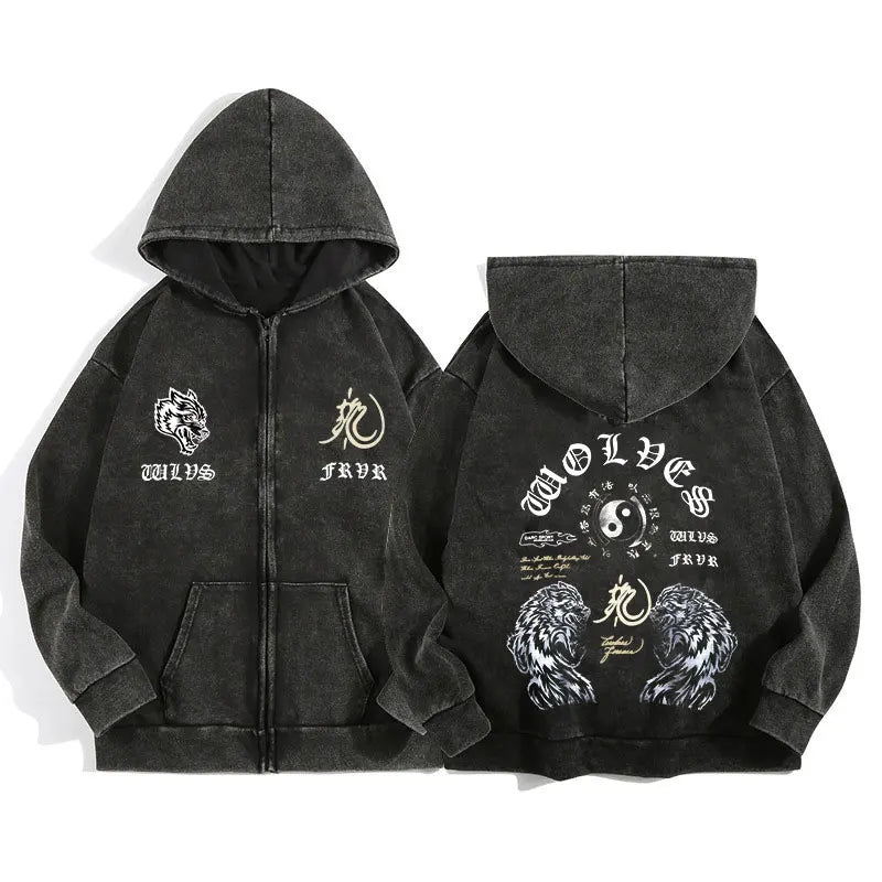Darc Wolves Sport Zip Up Hoodies for Unisex Cotton Print Gothic Harajuku Jacket Hooded Sweatshirts Casual Manga Pullover