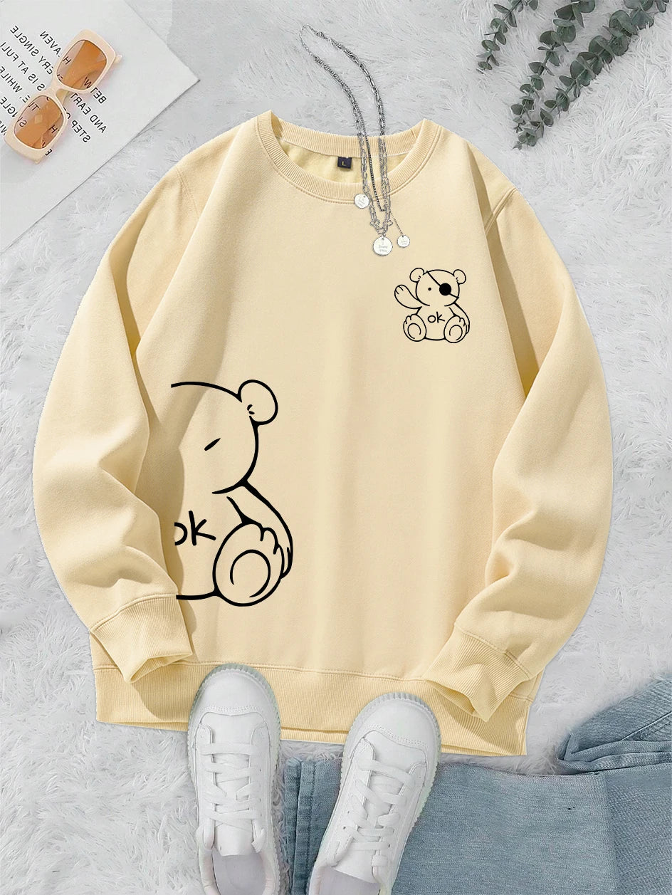 Profashion OK Teddy bear Printing Sweatshirts For Women Classic Retro Fashion Hoodies Fleece Warm Casual Clothes Loose Sportswear