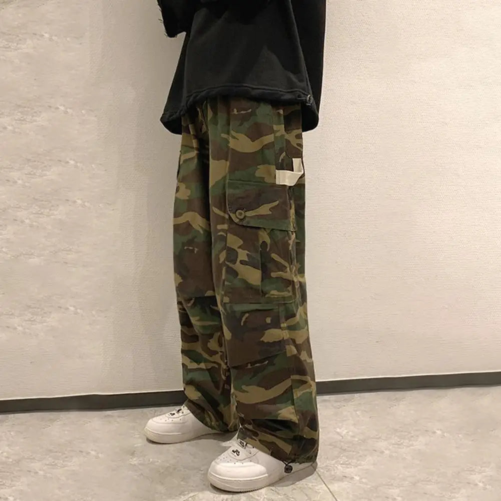 Straight Men Wide Leg Pants Camouflage Jogging Trousers Drawstring Elastic Waist Wide Male Casual Pants Vintage Cargo Pants
