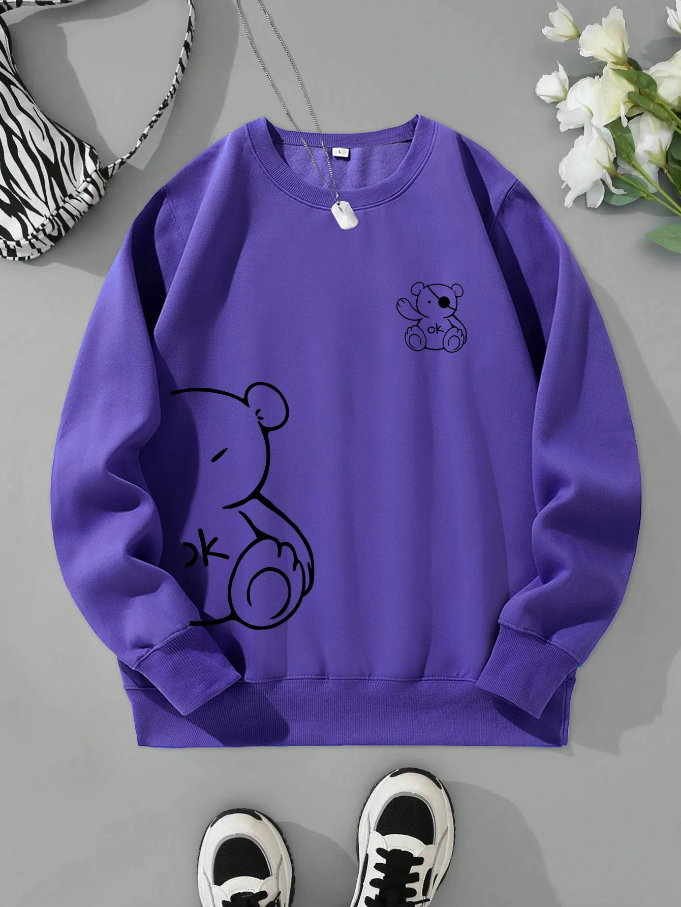 Profashion OK Teddy bear Printing Sweatshirts For Women Classic Retro Fashion Hoodies Fleece Warm Casual Clothes Loose Sportswear