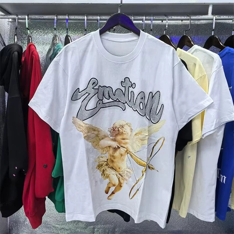Unisex Couple Street Style Angel Print Summer Top Round Neck Short Sleeve T-Shirt