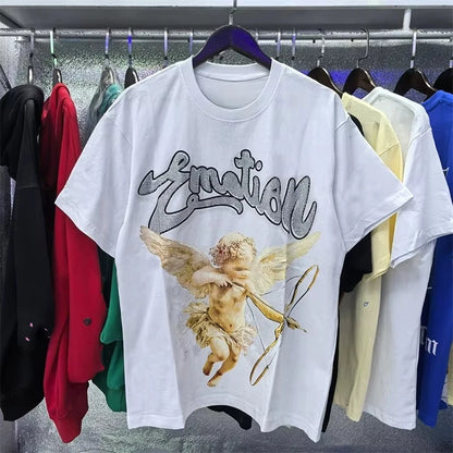 Unisex Couple Street Style Angel Print Summer Top Round Neck Short Sleeve T-Shirt