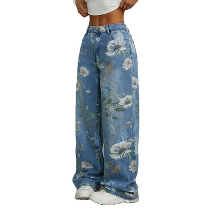 European and American-style women's printed wide-leg jeans, fashionable blue denim pants.