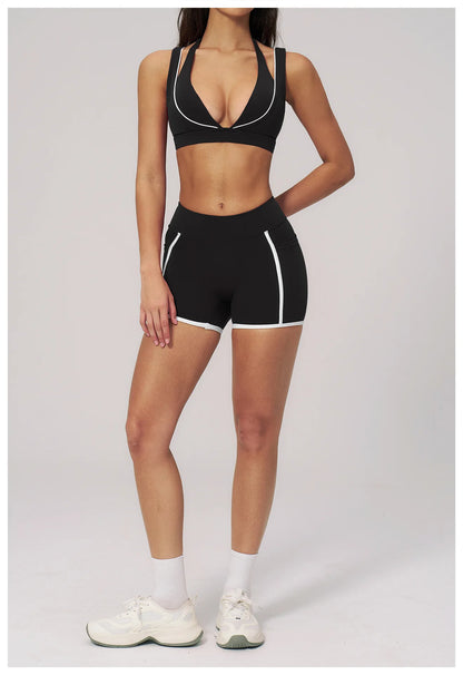 Women Deep V Neck Sports Bra Wide Strap Open V Back Contrast Piping Padded Push Up Gym Workout Top Yoga Bras Activewear Summer