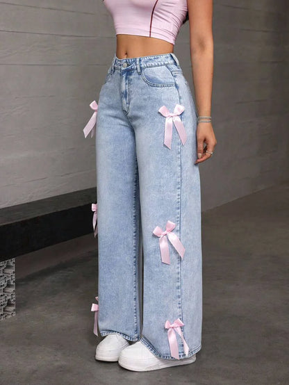 Luxury Women's Jeans Street Chic Street Style Bowknot Design Washed Denim Pants Loose Straight Wide Leg Pants For Y2kk