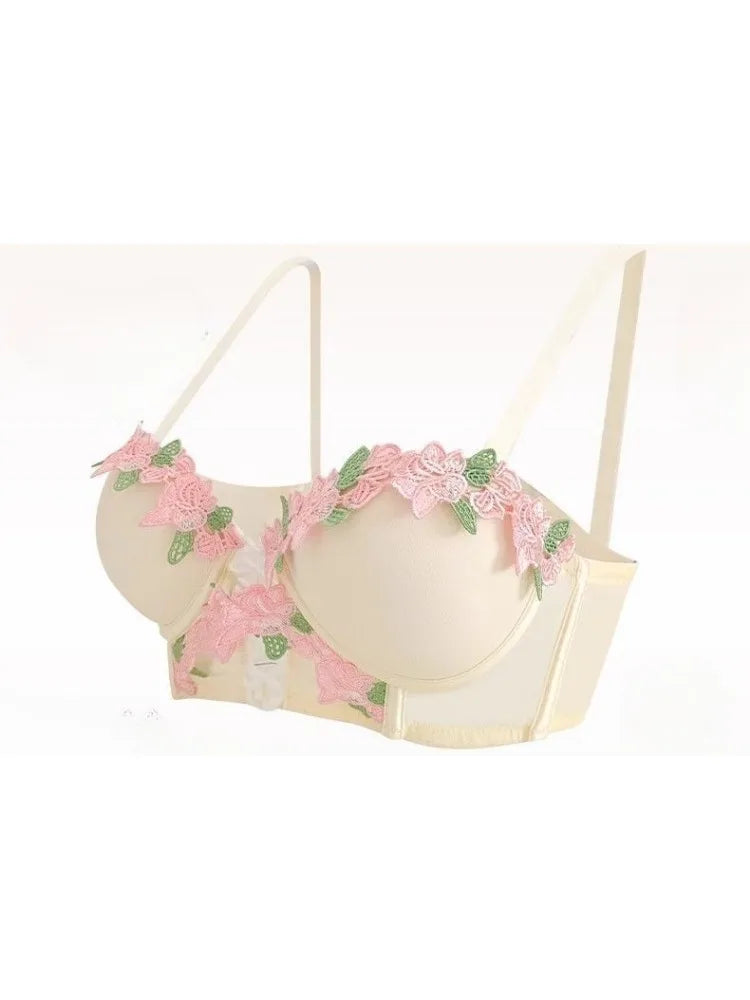 MOYISU New Vintage Embroidery Cream Sweet Flowers Pastoral Field Sexy Underwear for Women Small Breasts Pure Desire Gathered Up