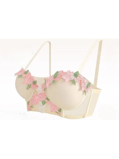MOYISU New Vintage Embroidery Cream Sweet Flowers Pastoral Field Sexy Underwear for Women Small Breasts Pure Desire Gathered Up