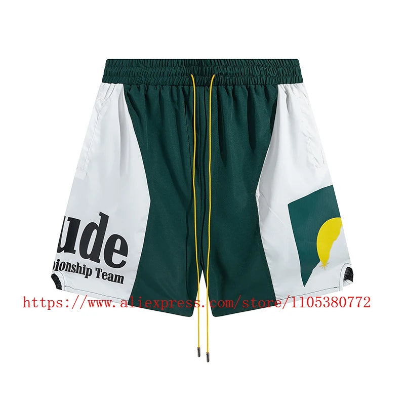 Latest Style RHUDE Men's  Casual Shorts Hip Hop Elastic Waist Drawstring Zip Pocket Summer Street Leisure Beach Shorts