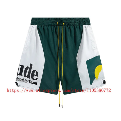 Latest Style RHUDE Men's  Casual Shorts Hip Hop Elastic Waist Drawstring Zip Pocket Summer Street Leisure Beach Shorts