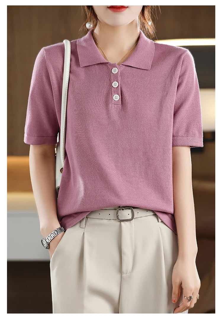 Women's T-shirt Summer 100% Cotton Sweater Short Sleeve Casual Knitted POLO Collar Women's Top Loose Pullover T-shirt Button