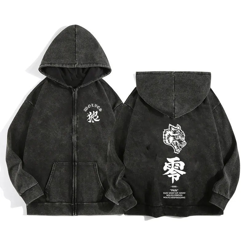 Darc Wolves Sport Zip Up Hoodies for Unisex Cotton Print Gothic Harajuku Jacket Hooded Sweatshirts Casual Manga Pullover