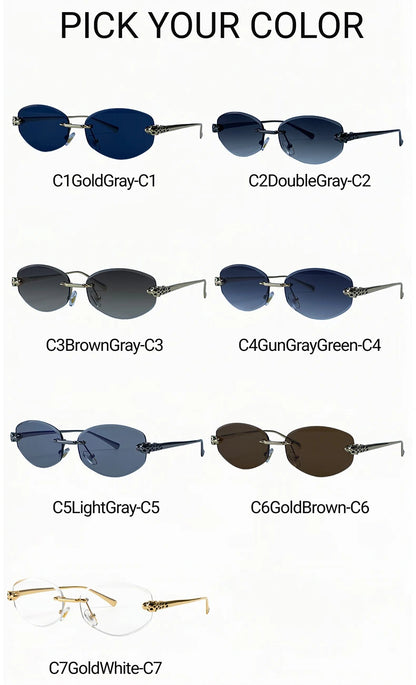 Vintage Rimless Oval Punk Sunglasses Men Luxury Designer Leopard Head Frameless Sun Glasses Hip Hop Outdoor Shades Eyewear
