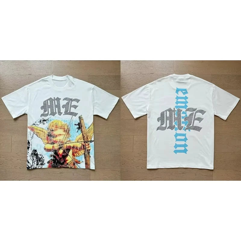 Unisex Couple Street Style Angel Print Summer Top Round Neck Short Sleeve T-Shirt