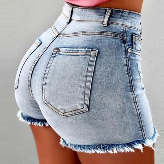 Profashion  Retro Distressed Ripped Edge Women Shorts High Waist Washed Butt-lifted Slim Fit Side Pockets Casual Club Party Short Pants