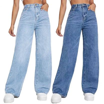 High Waist Denim Pants For Women Stretchy Wide-Leg Jeans With Pockets Casual Straight Leg Summer Autumn Female Jean Trousers