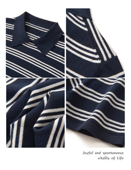 Summer women's100% cotton casual striped knitted T-shirt short sleeved loose POLO collar pullover Korean version fashionable top